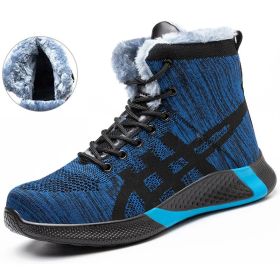 Winter Plush Boots Men Labor Protection Anti-smash Anti-puncture Work Shoes Warm Thickened Breathable Lace-up Safety Shoes (Option: Blue Velvet-Size37)