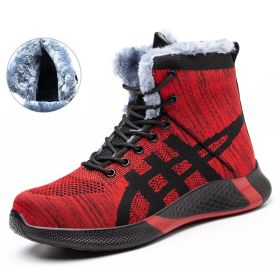 Winter Plush Boots Men Labor Protection Anti-smash Anti-puncture Work Shoes Warm Thickened Breathable Lace-up Safety Shoes (Option: Red Velvet-Size37)