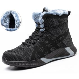 Winter Plush Boots Men Labor Protection Anti-smash Anti-puncture Work Shoes Warm Thickened Breathable Lace-up Safety Shoes (Option: Black Velvet-Size37)