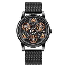 Black Gold Trend Three Dimensional Watch Personality Gear Gyro Season To Run Watch Men (Option: Black shell mesh belt)