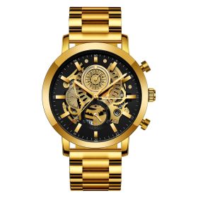 Men's Multi-functional Calendar Watch Hollowed Out (Option: Gold face gold chain)