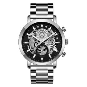 Men's Multi-functional Calendar Watch Hollowed Out (Option: Silver face silver chain)