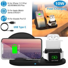 Wireless Charger 10W Fast Charging Station For iPhone Apple iWatch Series 5/4/3/2/1 AirPods (Color: Black)