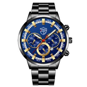 Men's Fashion Business Calendar Luminous Quartz Watch (Option: Black and blue and gold)